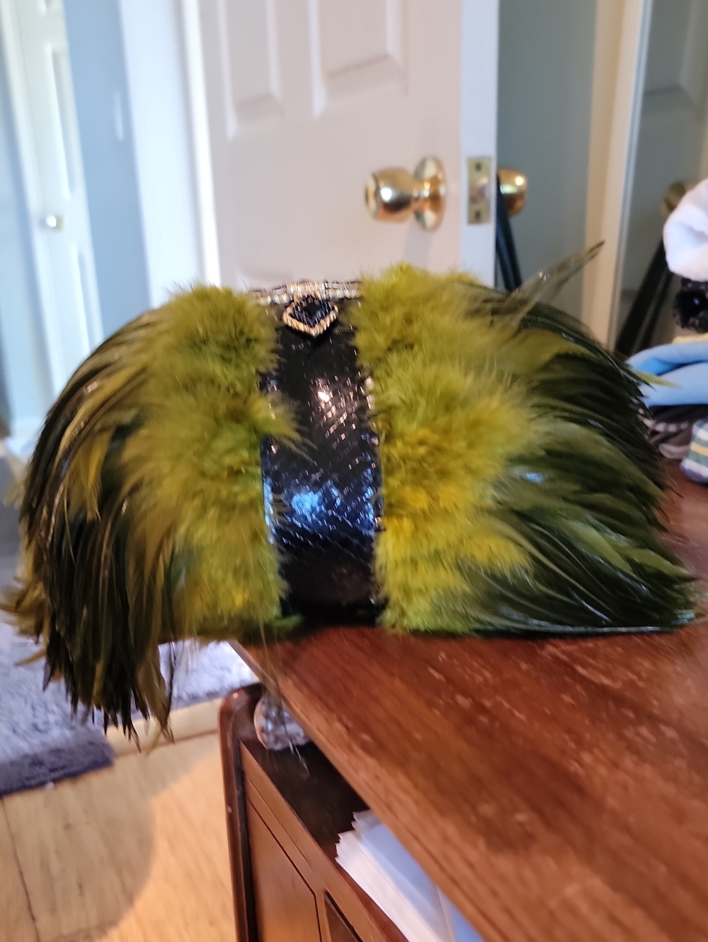 Olive Green Feather Clutch with Black Accent